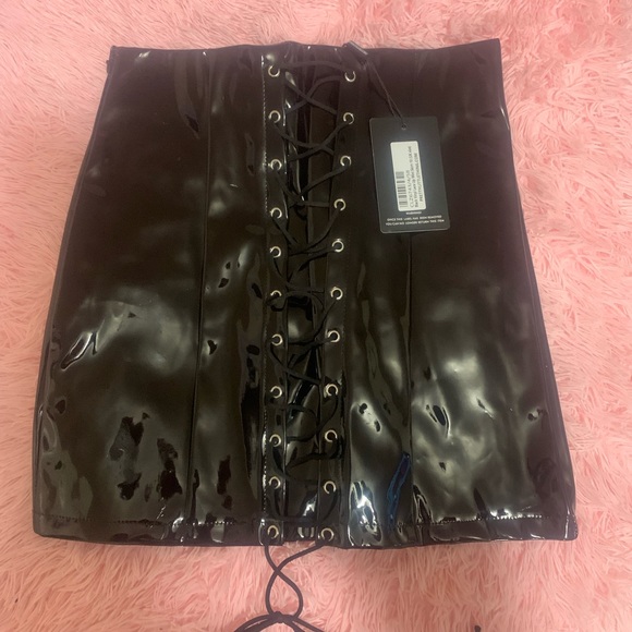 Black Vinyl Lace Up Mini Skirt - Picture 1 of 4